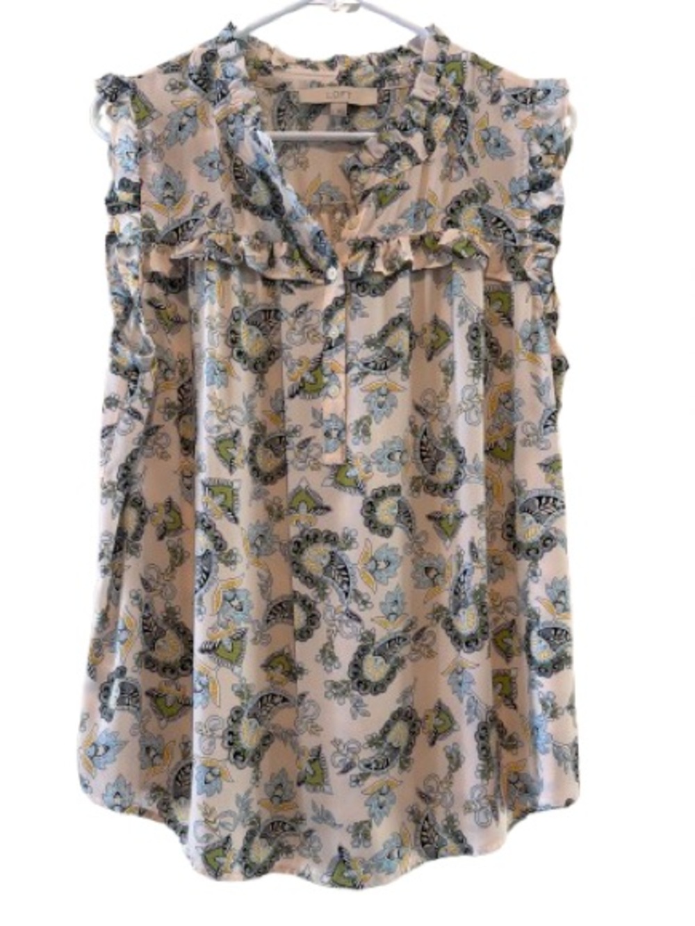 LOFT Ruffled Paisley Sleeveless Shell - Light pink with Blue & Green